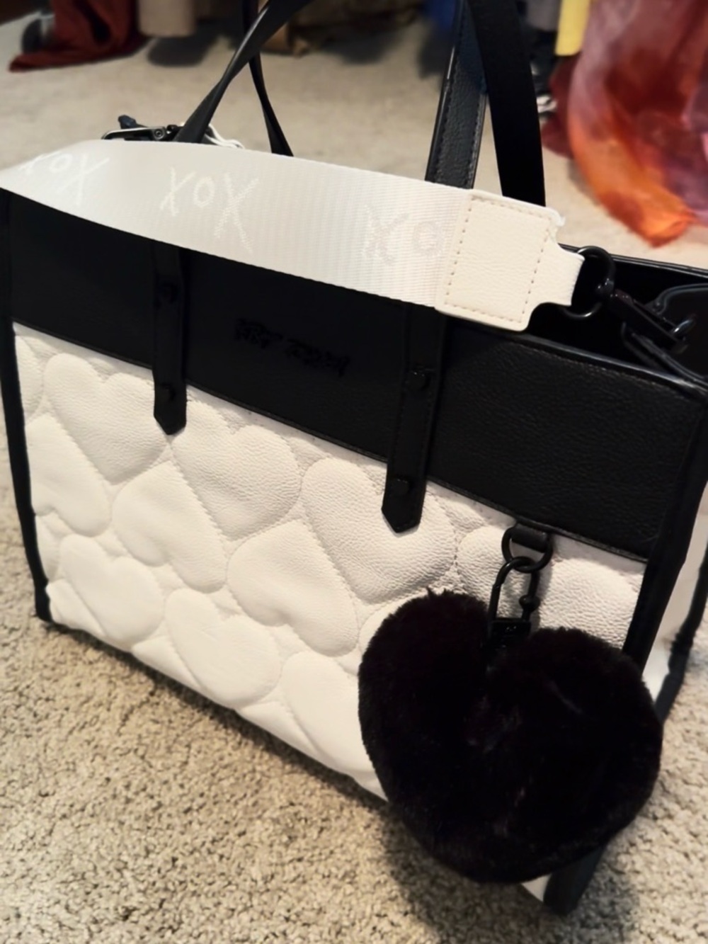 Betsey Johnson XObecca Hearts Crossbody Tote Bag with Pom Pom